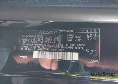 2013 Volvo Xc90 3.2/3.2 Platinum/3.2 Premier Plus from USA, damaged, VIN YV4952CY7D1644260